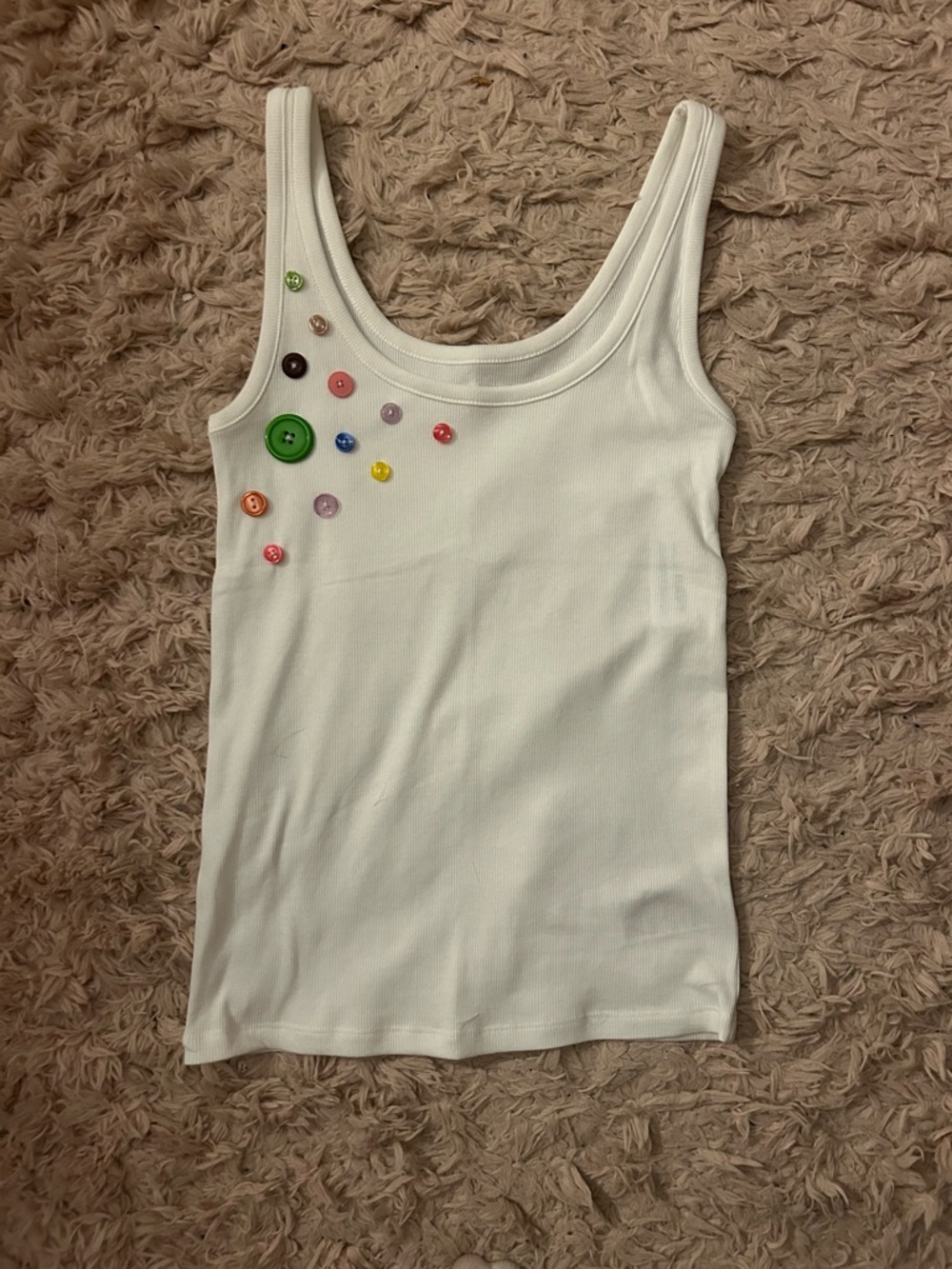 White Ribbed Tank Top with Colorful Button Embellishments